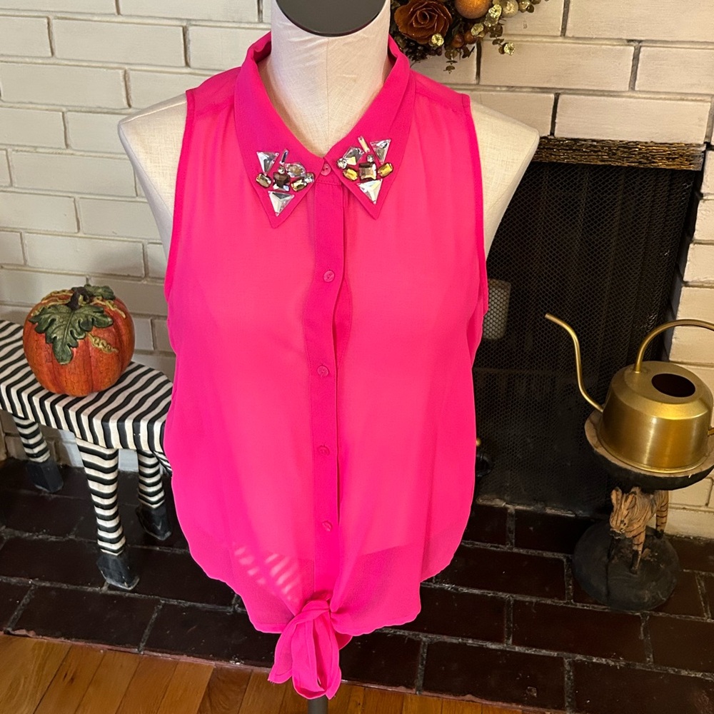 DECREE PINK SHEER TOP SEE THRU MESH JEWELS BEJEWELED COLLAR SZ LARGE SLEEVELESS